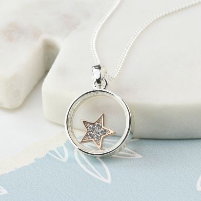 Silver Plated Circle Frame Crystal Star Necklace