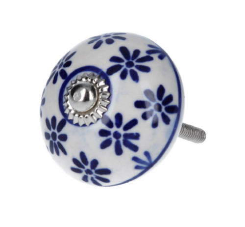 Door Knob - Ceramic White/Blue Daisies - Little Gems Interiors